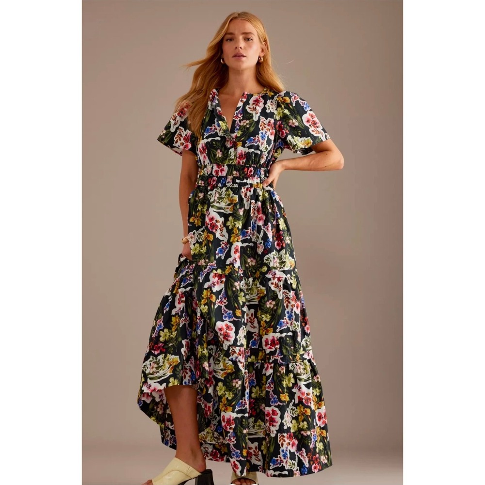 Anthropologie The Somerset Maxi Dress Black Floral Cotton Smocked V-Neck Large
